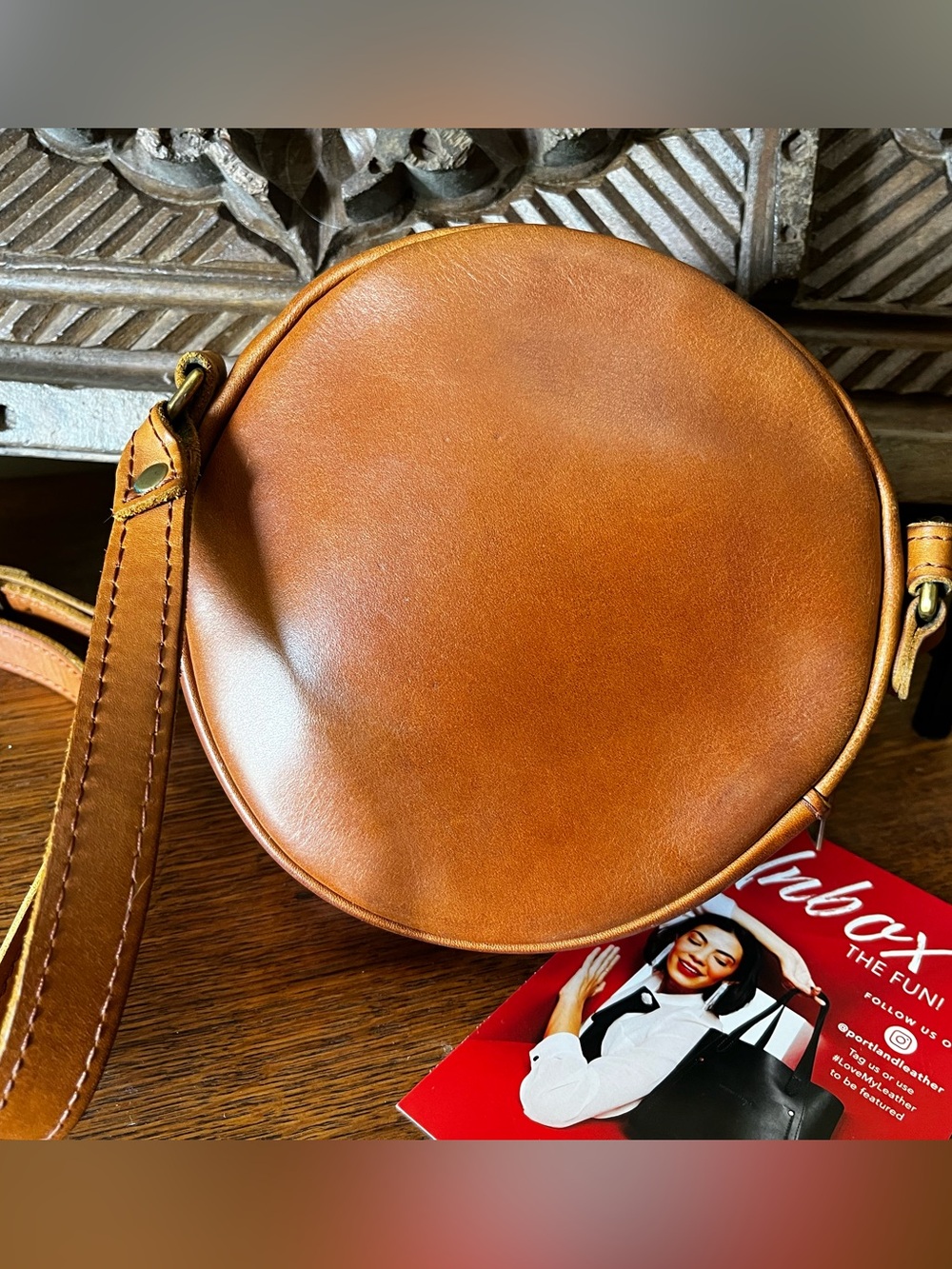 Portland Leather Honey Small Circle Crossbody Bag in Tan Brown - Picture 3 of 5